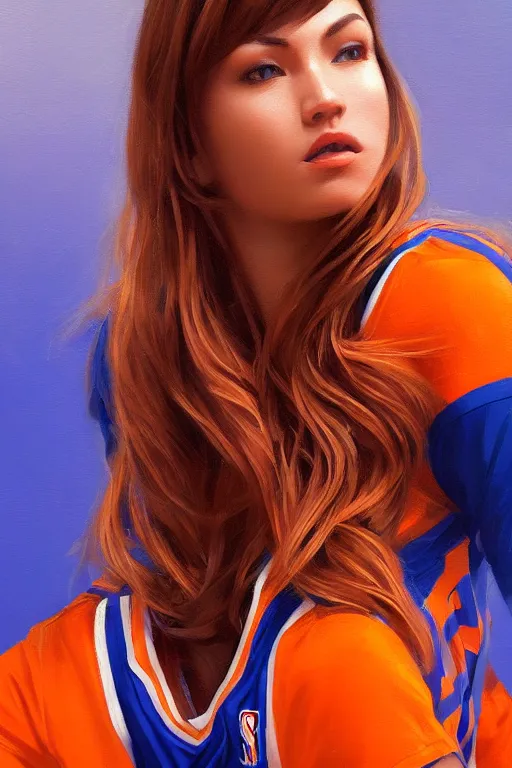 Image similar to A ultradetailed beautiful panting of a stylish woman, she is wearing a New York Knicks basketball jersey, Oil painting, by Ilya Kuvshinov, Greg Rutkowski and Makoto Shinkai