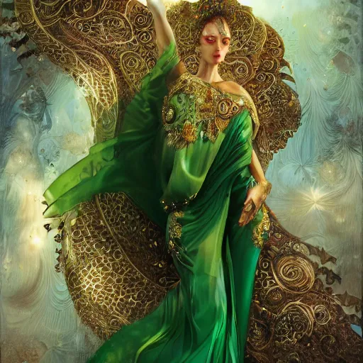 Prompt: a beautiful woman wearing a green kaftan made of silk with golden ornaments by Karol Bak, Ayami Kojima, Amano , concept art, character design, fantasy,3D, 8k resolution