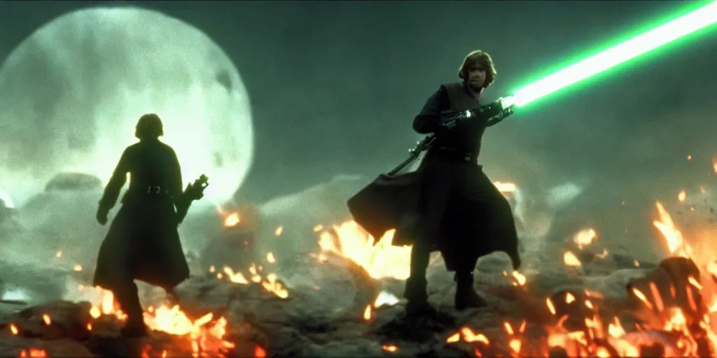 Prompt: Luke Skywalker Return of the jedi 1983, motion blur runs through massive battlefront, mcu style, explosions, fire reak real life, spotted ultra realistic, 4K, movie still, UHD, sharp, detailed, cinematic, render, modern