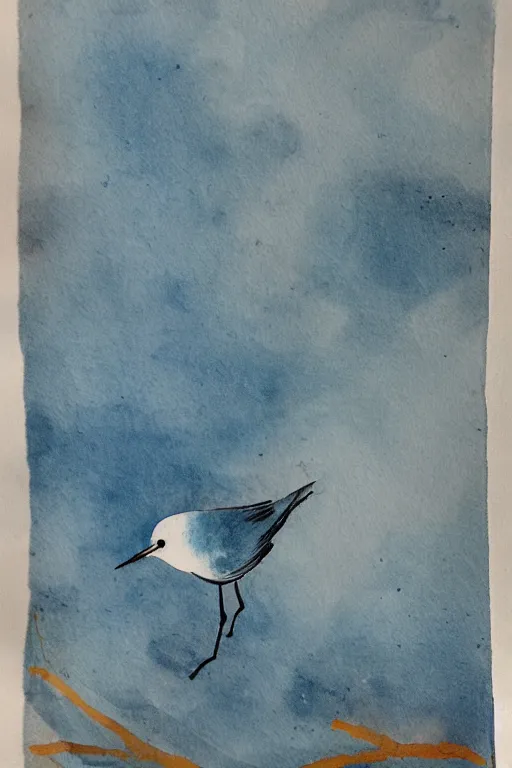 Image similar to ink painting, A small, delicate bird with pale blue plumage and long, skinny legs. It is hopping on the ground, searching for food. The background is a beautiful blue sky on a autumn day. meticulous painting, by xue ji, bian luan