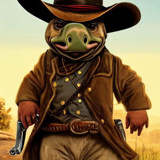 Image similar to cute little anthropomorphic tortoise in Red Dead Redemption 2 (2018 videogame) cover art, ultra wide lens shot , tiny, swine, hug, small, short, cute and adorable, pretty, beautiful, DnD character art portrait, matte fantasy painting, DeviantArt Artstation, by Jason Felix by Steve Argyle by Tyler Jacobson by Peter Mohrbacher, cinematic lighting