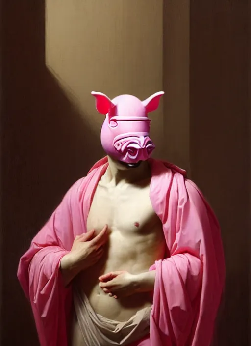 Prompt: neoclassical portrait of a pink prince in his pink pig mask in his temple, by jacques - louis david, by greg rutkowski, by zdzisław beksinski, by josep tapiro baro, trending on artstation, featured on pixiv, masterpiece, oil on canvas, cinematic composition, dynamic beautiful lighting,