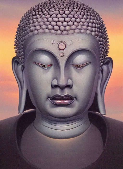 Prompt: a beautiful matte painting portrait of the cyberpunk buddha, by wayne barlowe