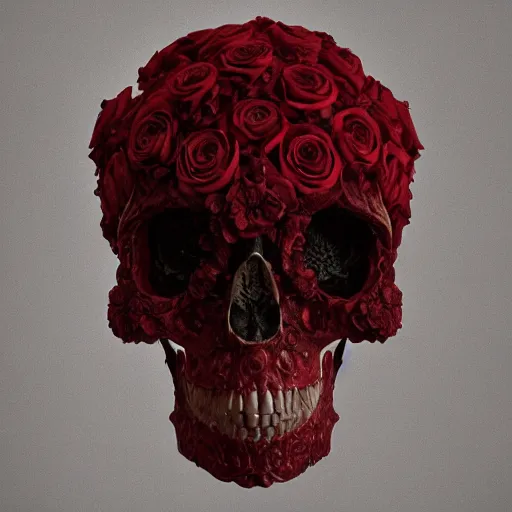 Image similar to skull made of red roses, organic horror, devil, death, giger, epic, baroque, art nouveau, james jean, photorealistic render, 3 ds max + v - ray, extremely detailed and intricate, center composition, elegant, vfx, unreal engine 5, octane render, extremely contrast, extremely sharp lines