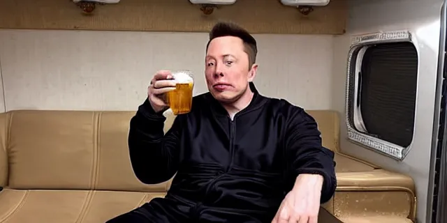 Image similar to full distant shot of bald elon musk in a tracksuit drinking beer in the couch in a dirty trailer, by ken loach