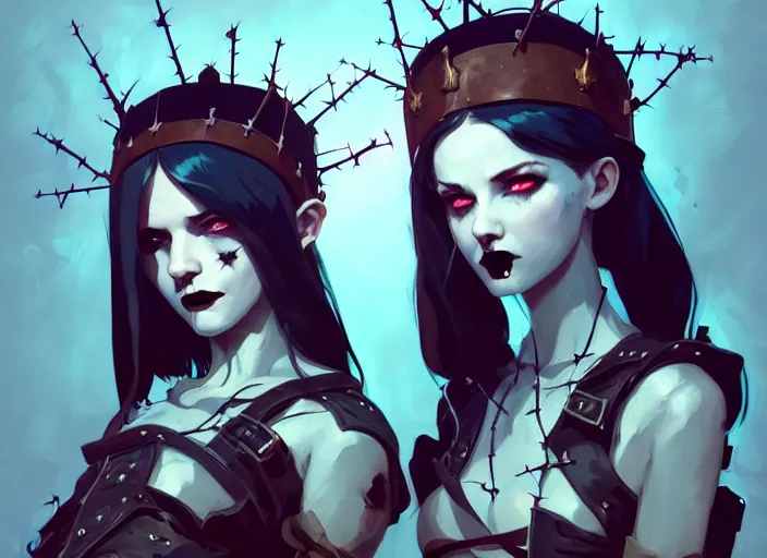 Image similar to portrait of two cute goth maiden girls with crown of thorns and white short hairs, dressed in leather belts, warhammer, cyberpunk, by atey ghailan, by greg rutkowski, by greg tocchini, by james gilleard, by joe gb fenton, by kaethe butcher, dynamic lighting, gradient light blue, brown, blonde cream and white color in scheme, grunge aesthetic