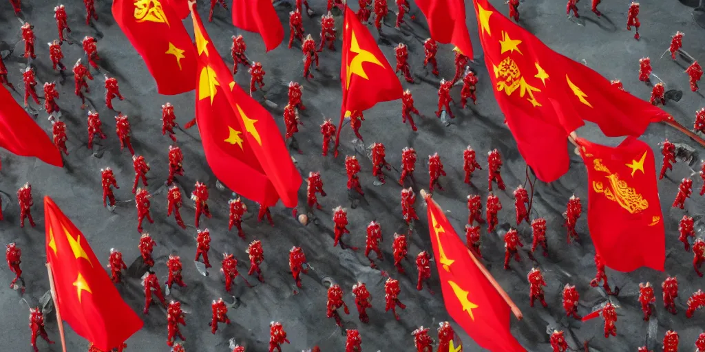 Image similar to overhead mid shot cinematic artwork of a small group of rag tag warriors surrounded by a vast ancient Chinese army wearing red armor and holding red flags on the battlefield by greg rutowski, masterpiece, 4k