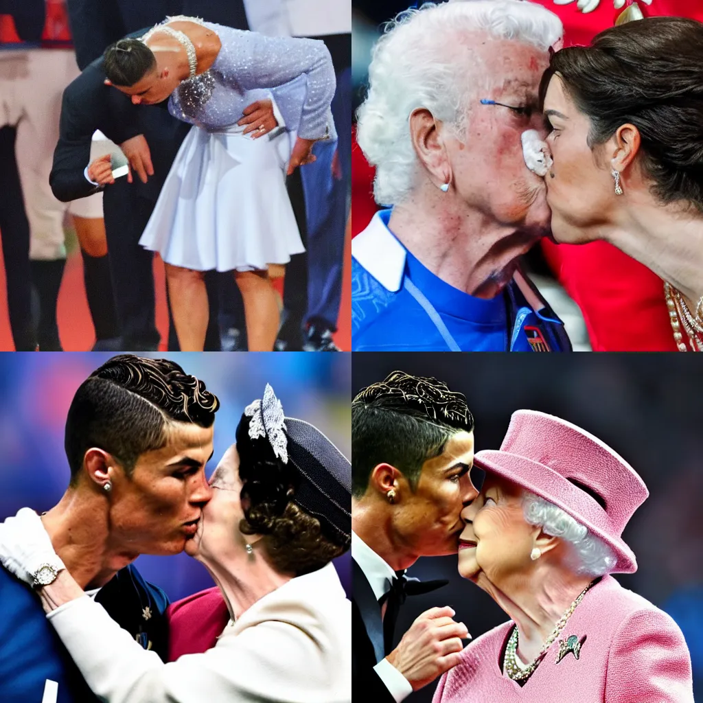 Prompt: Cristiano Ronaldo kissing Queen Elizabeth 8k, DSLR, Award winning photography