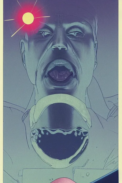 Image similar to a scifi closeup portrait of a young british man licking a blotter paper of LSD acid on his tongue and dreaming psychedelic hallucinations in cosmos, by kawase hasui, moebius, Edward Hopper and James Gilleard, Zdzislaw Beksinski, Steven Outram colorful flat surreal design, hd, 8k, artstation