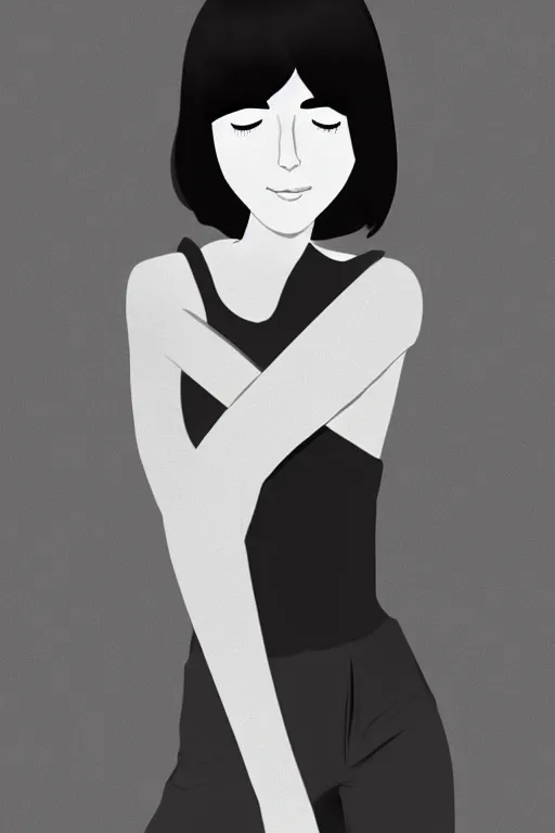 Image similar to portrait of a girl in long pants and a top, hands in pockets, eyes closed, bob haircut, digital art, black and white, manga style