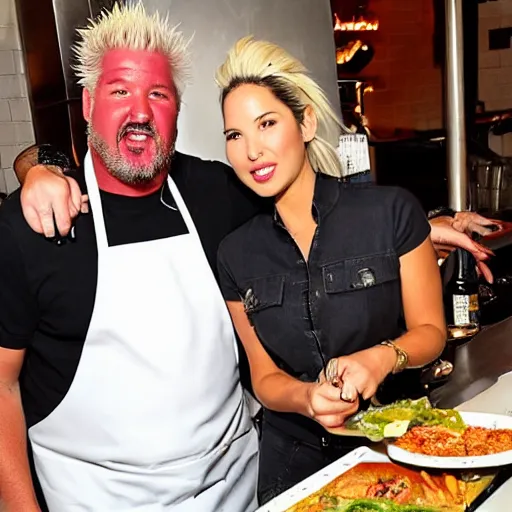 Prompt: olivia munn and guy fieri cooking in a restaurant