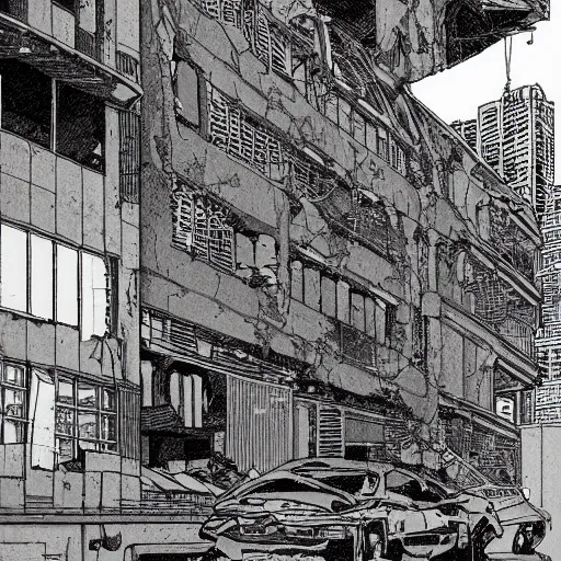 Prompt: crumbling society, dilapidated buildings, overcast skies, muted colors, drawn by moebius