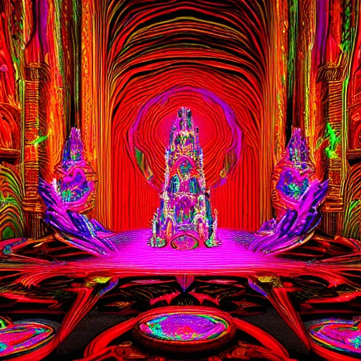 Image similar to Psychedelic crystalline cathedral altar Visionary Sacred Holy Detailed Ben Ridgway art style 8K Detail Colorful Awesome VRay Unreal Engine 5 Substance Designer Octane Render LightWave 3D 3Delight 3D shading 3ds Max