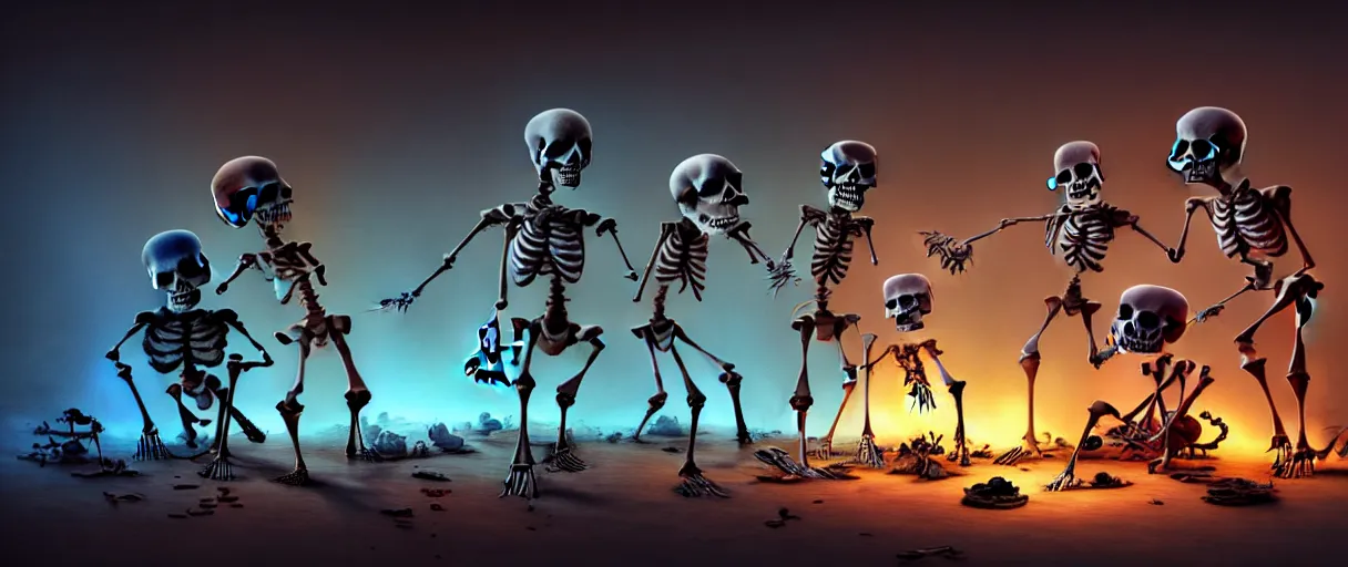 Image similar to hyperrealistic very cute multicolored skeletons mixing bones jason limon concept art dramatic blue lighting wide angle hd 8k sharp shallow depth of field