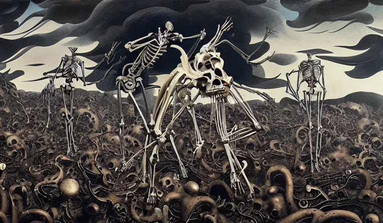 Image similar to still frame from Prometheus by Yves Tanguy and utagawa kuniyoshi, Vast hell plains with resurrecting arcane mycelium biomechanical giger cyborg skeletons in style of Jakub rozalski with character designs by Neri Oxman, metal couture haute couture editorial