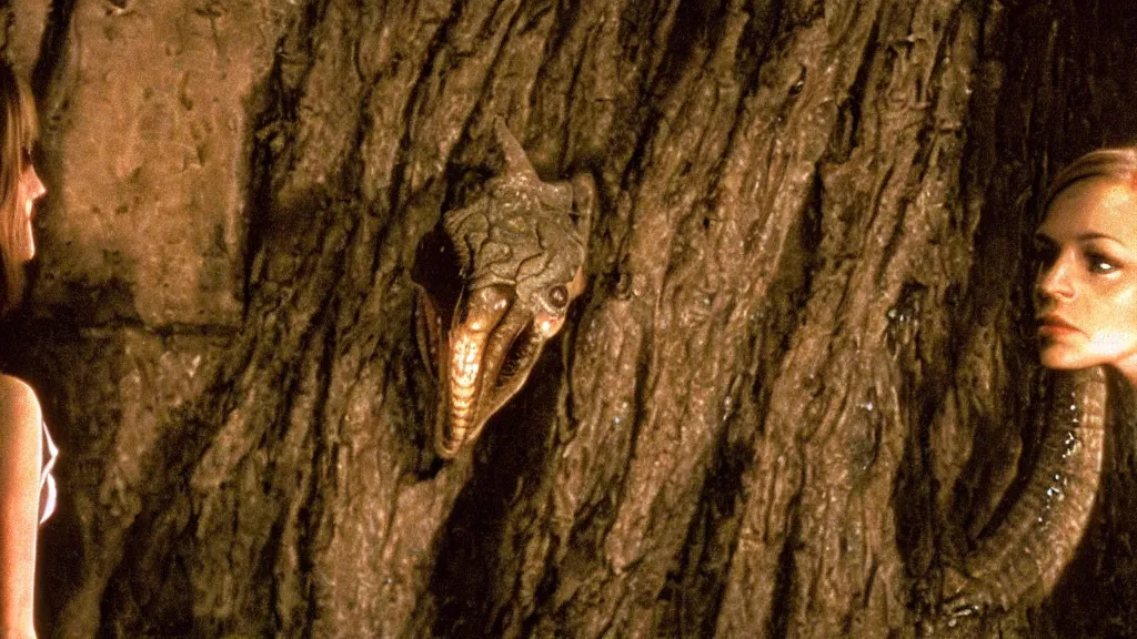 Image similar to movie scene of a girl and a draconian humanoid, reptil, reptilian, movie still, cinematic composition, cinematic light, criterion collection, reimagined by industrial light and magic, Movie by David Lynch and Ridley Scott