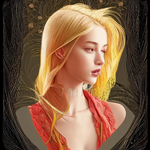 Image similar to a portrait of an incredibly beautiful, graceful, elegant, and sophisticated young blonde girl made of garlic, an ultrafine detailed illustration by james jean, intricate linework, bright colors, final fantasy, behance contest winner, vanitas, angular, altermodern, unreal engine 5 highly rendered, global illumination, radiant light, detailed and intricate environment