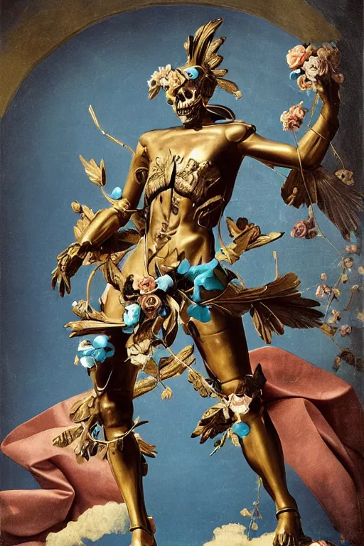 Image similar to a young handsome Spanish metal android with a large glowing battery in the center of his chest in a full-body bronze cyberpunk style statue of Icarus with glowing blue eyes, crown of peach roses, flowing teal-colored silk, fabric, flowers. baroque elements, human skull. full-length view. baroque element. intricate artwork by caravaggio. many many birds birds on background. Trending on artstation, octane render, cinematic lighting from the right, hyper realism, octane render, 8k, depth of field, 3D