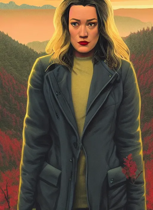 Prompt: Twin Peaks poster artwork by Michael Whelan and Tomer Hanuka, Rendering of Hilary Duff in scene in Twin Peaks, full of details, by Makoto Shinkai and thomas kinkade, Matte painting, trending on artstation and unreal engine