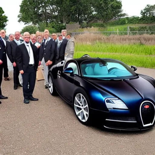 Prompt: an army of andrew tates standing next to a bugatti.