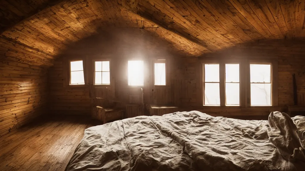 Prompt: a room inside an old wooden cabin darkness with fog and volumetric light coming in from the windows.