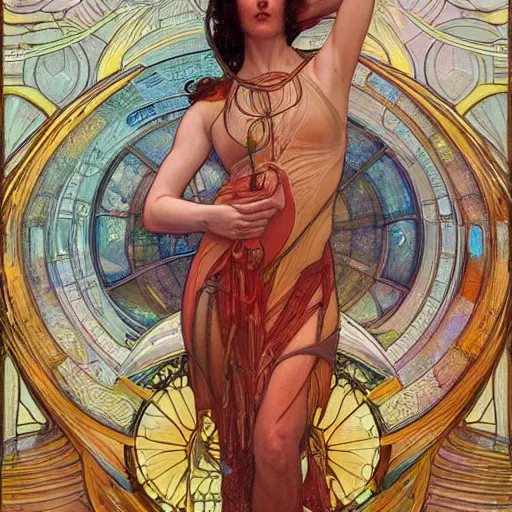 Prompt: a retrofuturist painting in the style of donato giancola, and in the style of tom bagshaw, and in the style of alphonse mucha. symmetry, smooth, sharp focus, semi - realism, intricate detail.