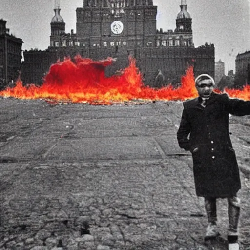 Image similar to the last selfie taken in russia red square, nuclear war, nuclear explosions, russian flag in flames, russian flag burning, terrible mutations and injuries, with a nuclear explosion next to it destroying everything in a second