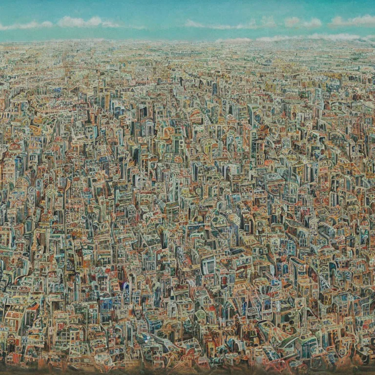 Prompt: Nuclear explosion in a densely populated city with 20 million people, painted by Pablo Amaringo
