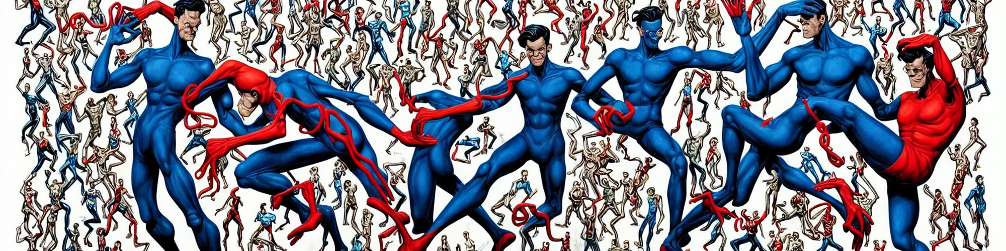 Image similar to mr. fantastic and plastic man showing off their weird limbs illustrated by james jean with very long hands and arms and fingers and legs and feet twirling and twisting around