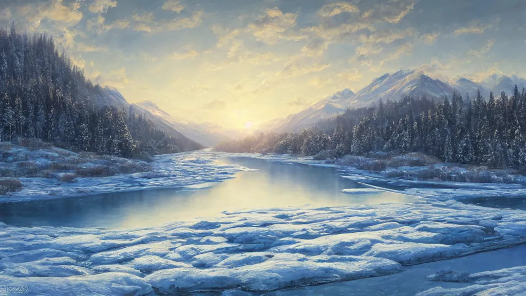 Prompt: the most beautiful panoramic landscape, oil painting, snowy mountains and a frozen river, clouds, cinematic lighting, highly detailed, very realistic