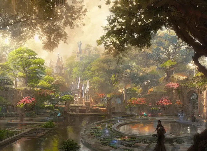 Image similar to A wide open courtyard in a beautiful, colorful elven city made of ivory, anime, lush trees, fountain, a fantasy digital painting by Greg Rutkowski and James Gurney, trending on Artstation, highly detailed