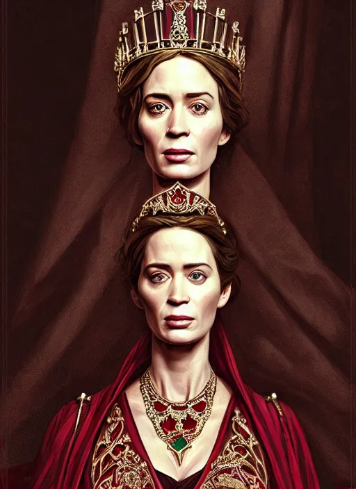 Image similar to portrait of emily blunt as queen on a throne, jewelry, greek, ruby, victorian age, 1 8 9 0, intricate, headshot, key visual, conceptart, ambient lighting, highly detailed, digital painting, artstation, concept art, sharp focus, by makoto shinkai and akihiko yoshida and greg manchess