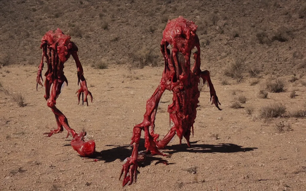 Image similar to in the desert a bloody gross horrifying The Thing creature made of muscle and bone and blood stares at the camera, eating, it walks on two legs, mid day, 35mm photography, realistic,