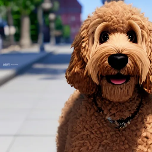 Image similar to goldendoodle in pixar movie, photorealistic rendering. artstation, 4 k, hyperrealism