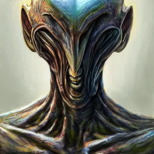 Prompt: head and shoulder portrait of a new alien monster, creative design, realistic detailed painting, trending on deviantart
