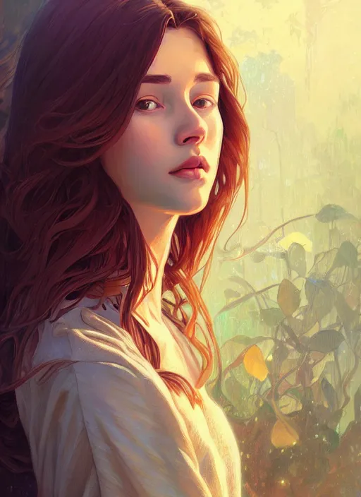 Image similar to handsome young women with shoulder length brown hair, half body shot, path traced, highly detailed, high quality, digital painting, alena aenami, lilia alvarado, shinji aramaki, karol bak, alphonse mucha, tom bagshaw