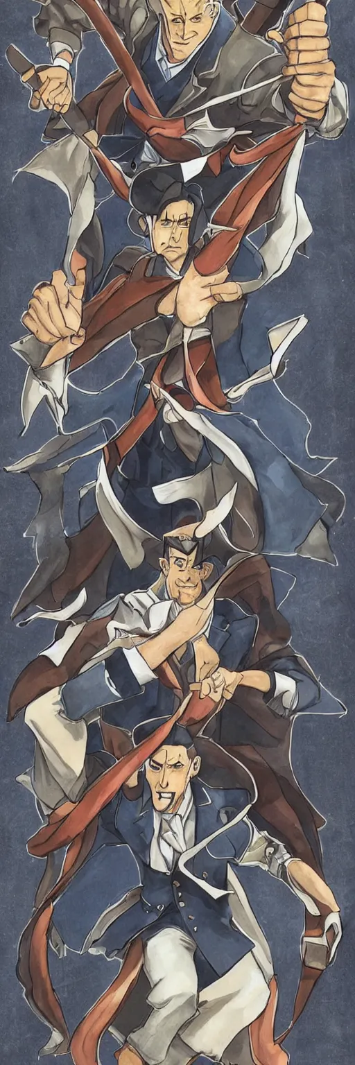 Image similar to the judge from Ace Attorney with a beam scale in one hand. Tarot card Justice, impressive art, detailed, single subject, high quality