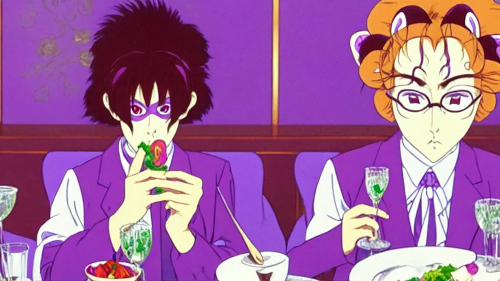 Prompt: a woman wearing a purple dress suit and a purple lion mask eating dinner at a fancy restaurant in Tokyo, anime film still from the an anime directed by Katsuhiro Otomo with art direction by Salvador Dalí, wide lens