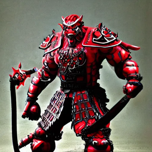 Image similar to big buff strong very big samurai wearing cyber oni mask