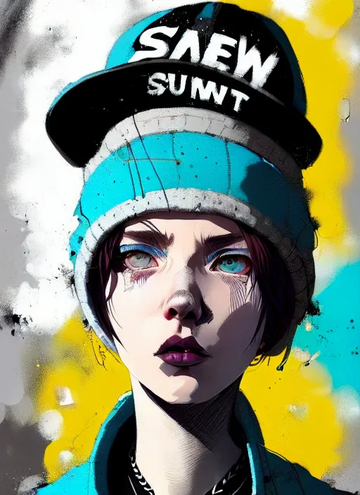 Image similar to highly detailed portrait of a sewer punk lady student, blue eyes, tartan hoody, hat, white hair by atey ghailan, by greg rutkowski, by greg tocchini, by james gilleard, by joe fenton, by kaethe butcher, gradient yellow, black, brown and cyan color scheme, grunge aesthetic!!! ( ( graffiti tag wall background ) )