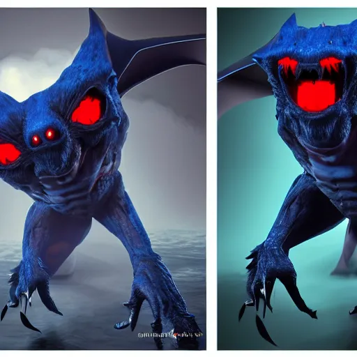 Image similar to front and back character view of scary giant mutant dark blue humanoid bat, glowing red eyes flying above a stormy ocean, sharp teeth, acid leaking from mouth, realistic, giant, bat ears, bat nose, bat claws, bat wings, furred, covered in soft fur, detailed, trending on artstation clean concept art and sheet that using unreal engine 5 render and hyper detailed 3D texture with cinematic software light 85mm f/1.4