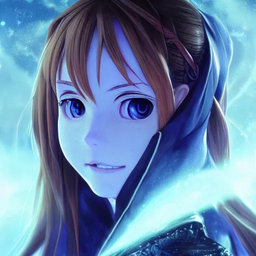 Prompt: photorealistic face portrait of asuna from sao in the style of michael whelan and gustave dore. hyperdetailed photorealism, 1 0 8 megapixels, fully clothed, lunar themed attire, amazing depth, glowing rich colors, powerful imagery, psychedelic overtones, 3 d finalrender, 3 d shading, cinematic lighting, artstation concept art