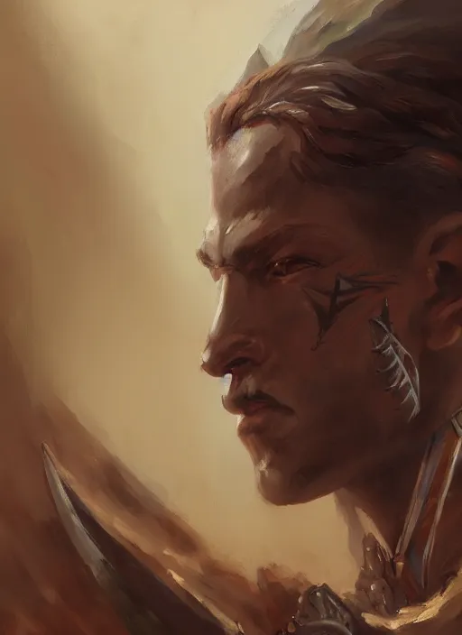 Image similar to Oil painting of a male human warrior, fantasy character art, close up, portrait, D&D, Magic The Gathering, by Charlie Bowater, Craig Mullins, centered, symmetrical, 8k, sharp focus