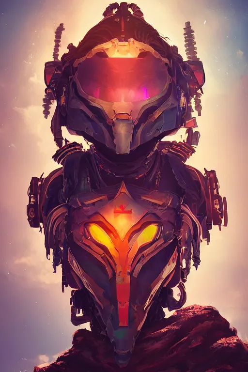 Image similar to combination suit armor aloy horizon forbidden west horizon zero dawn radiating a glowing aura global illumination ray tracing hdr fanart arstation by ian pesty and alena aenami artworks in 4 k tribal robot ninja mask helmet backpack