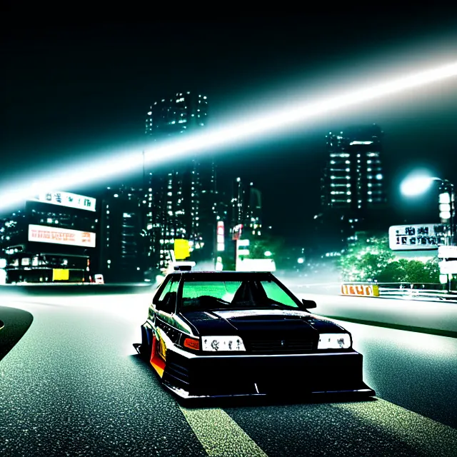 Image similar to a car JZX90 twin turbo drift spec in middle of road, Saitama prefecture, city midnight mist lights, cinematic lighting, photorealistic, highly detailed wheels, high detail