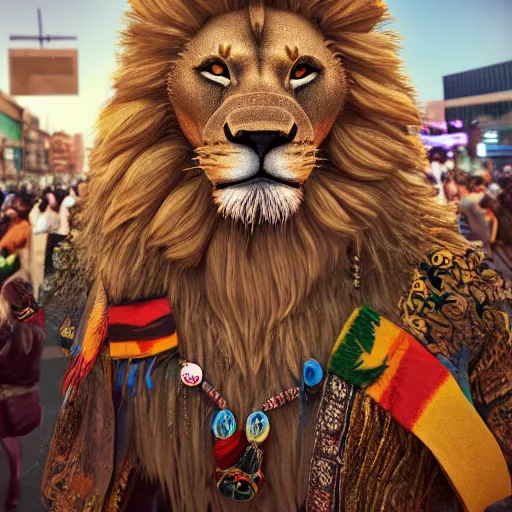 Image similar to anthropomorphic scene of lion at a street protest, exquisite detail lion in hippie clothes, Streetwear, hippie fashion, protest movement, trending on artstation, incredible detail, Graeme Base, 8k detail, gi, global illumination, physically based rendering, photoreal, small details, intricate complexity