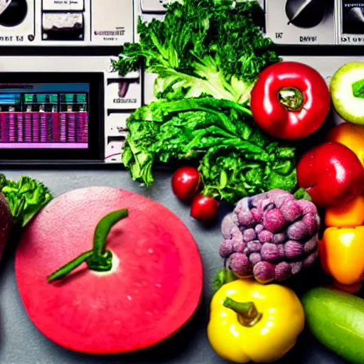 Prompt: film still of fresh fruits and vegetables making beats on an mpc