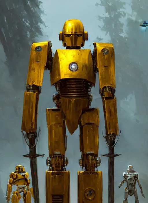 Prompt: human-sized strong intricate yellow pit droid carrying great sword and large paladin shield, pancake short large head, exposed metal bones, painterly humanoid mecha, by Greg Rutkowski