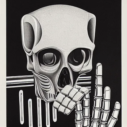 Image similar to “A robot skull with a mirror finish, held by a shiny robot hand; Showing subtle reflection of the room; Artist, Maurits Cornelis Escher, Dutch, 1898-1972 ;Date, 1935 ; Lithograph printed in black ink on wove paper; Detailed gallery print”