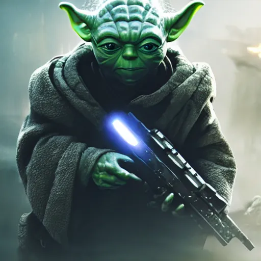 Image similar to Yoda in gears of war, splash art, movie still, detailed face, cinematic lighting, dramatic, octane render, long lens, shallow depth of field, bokeh, anamorphic lens flare, 8k, hyper detailed, 35mm film grain